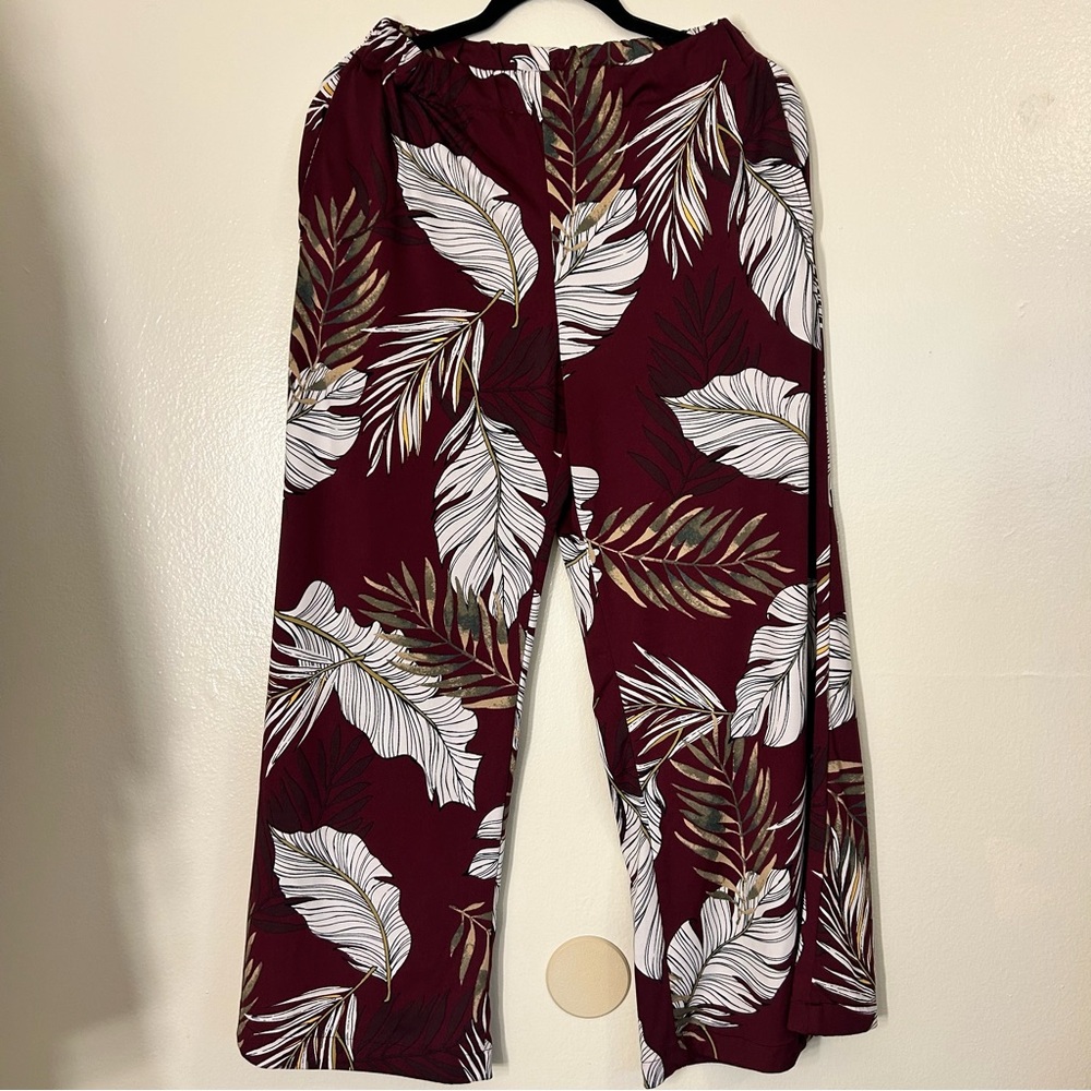 Jennafer Grace Burgundy Leaf Print Palazzo Pants